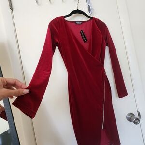 Wrap-Style Velvet Dress in Deep Red